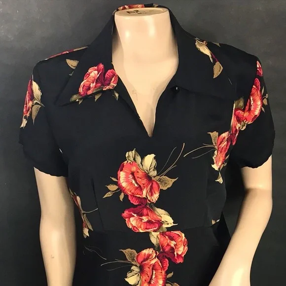 Vintage 90s Rose Print Black Dress - Picture 3 of 3